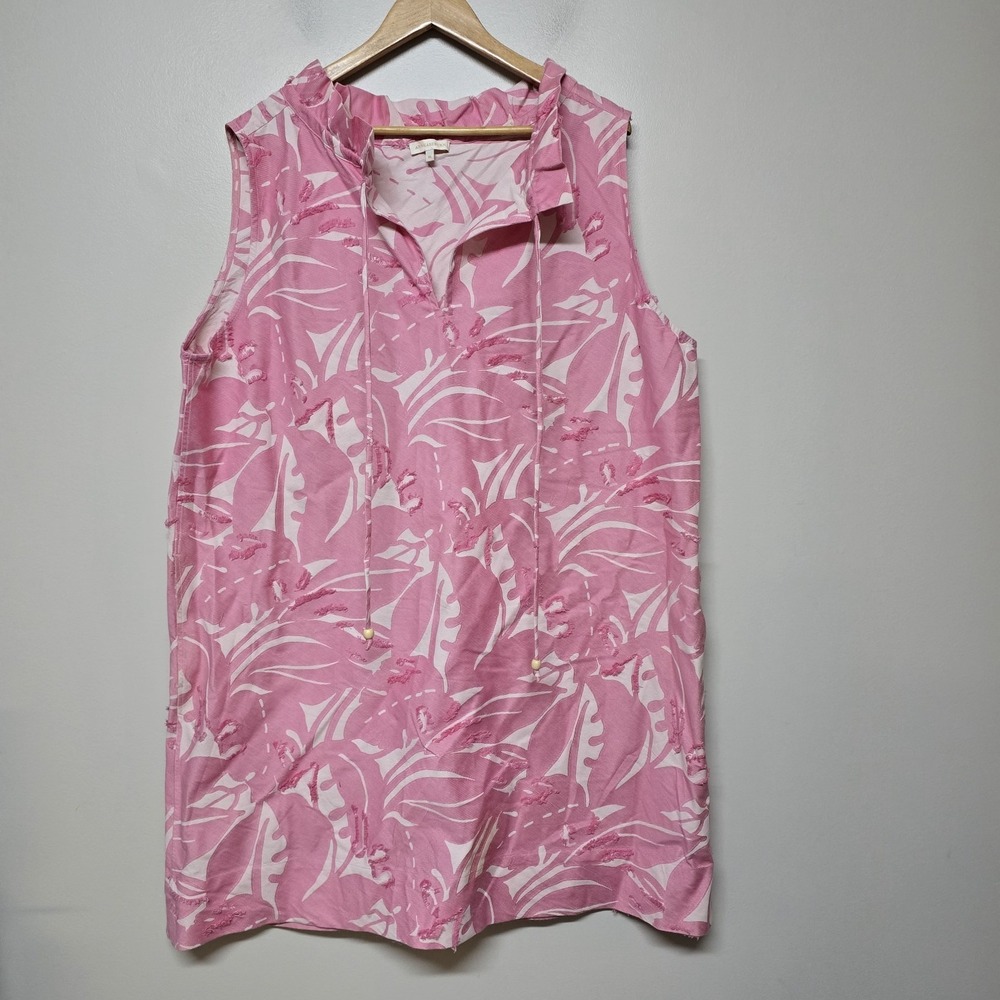 Ann Mashburn Women's Pink Tropical Print Sleeveless Dress XL Ruffle Neck Tie